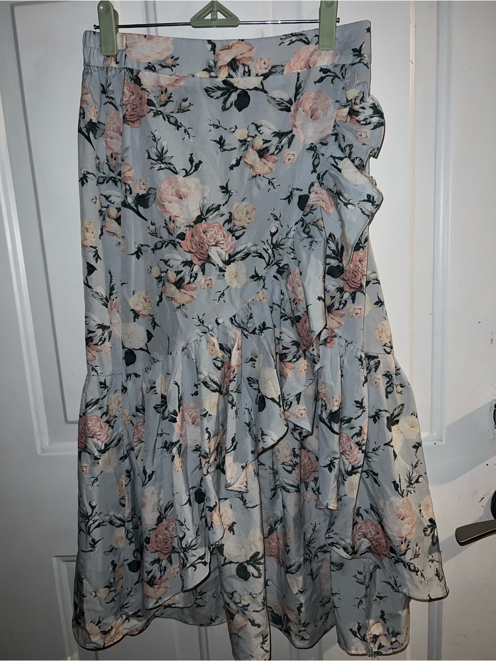 Pastel Floral High-Low Ruffle Skirt - Light Blue with Pink Roses